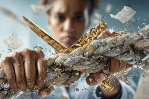 Hands cutting tangled ropes, symbolizing the division of marital debt during divorce.